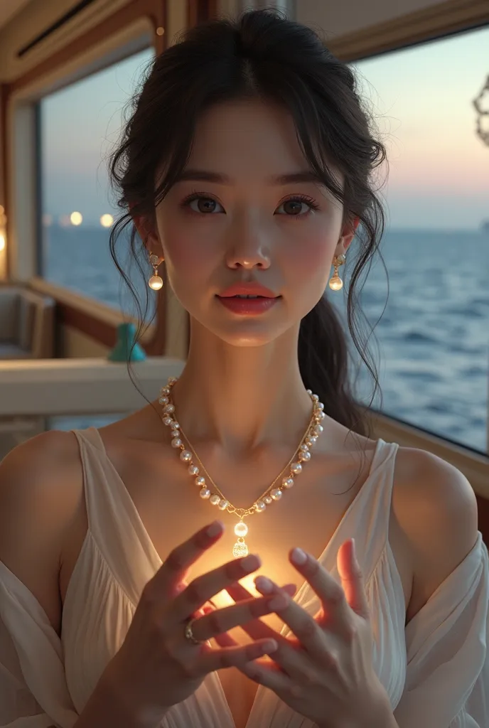 A beautiful woman wearing simple clothes holding a pearl necklace inside a cruise ship at the evening 