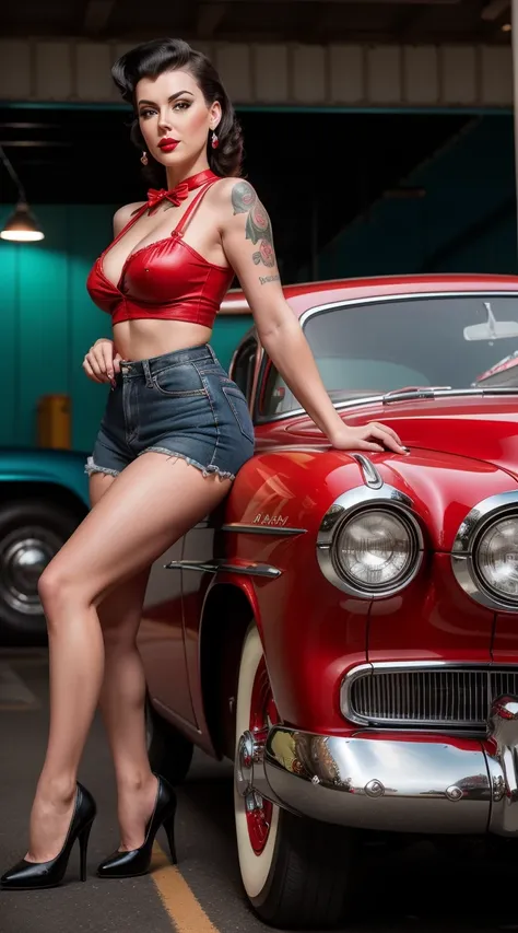 a hyper-realistic photograph of a beautiful rockabilly pin-up model leaning against a hot rod car in the parking lot of a 1950s-style diner, with an interesting camera angle and perspective, volumetric lighting, Depth of field, professional photo session, ...