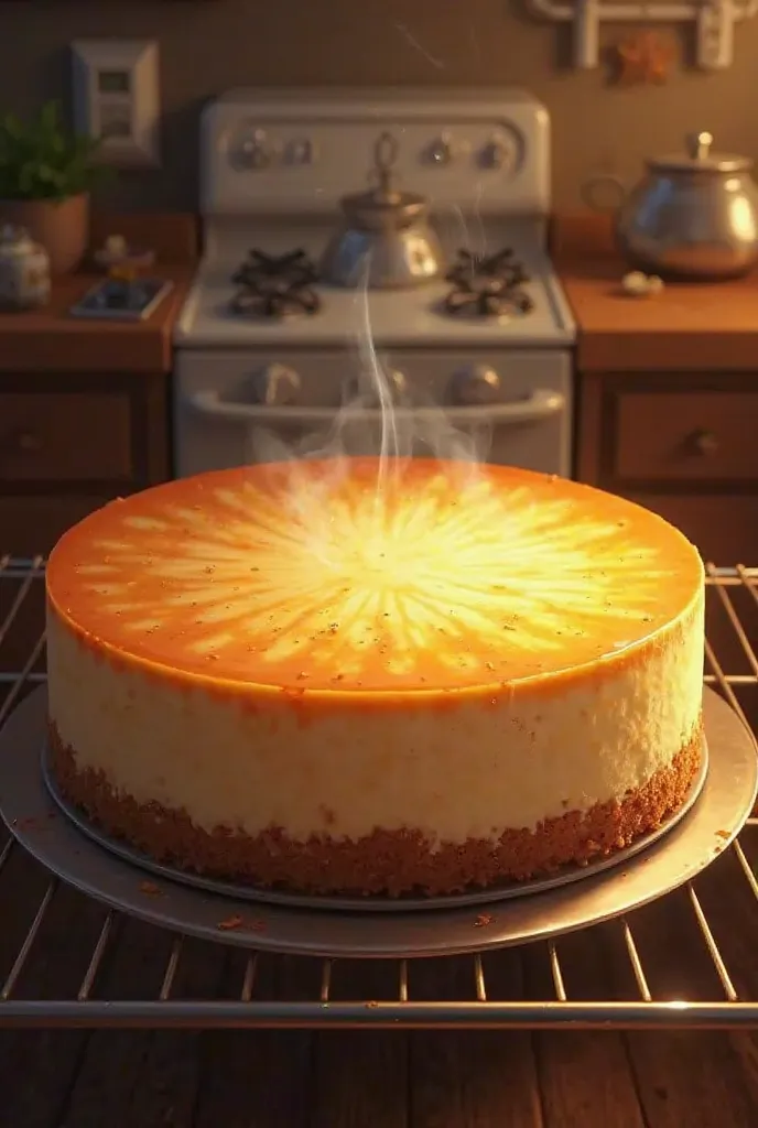 Create an image of a chesse cake coming out of the oven