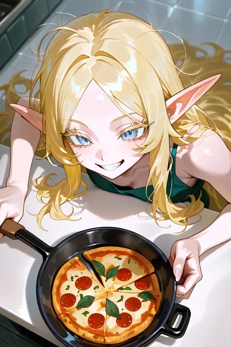 ,Very light white, pinkish skin,Shiny skin,Very long blonde hair,Large pale blue eyes,Thick blonde lashes,Pointed ears,Long nails,Slim body,elf,16k,Smile, teeth,Cooking pizza ,Just woke up, messy hair.