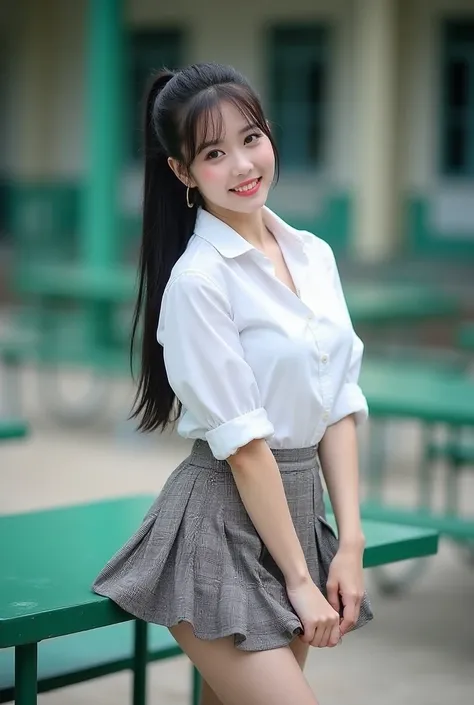 Real photos High-quality realistic of a Thai woman, beautiful girl ((( big chest ,  big chest , Not suitable for work))) ,  best quality, 20 year old Thai girl in , standing at a green metal table ,  She is wearing a white shirt((( big chest ,  big chest ,...