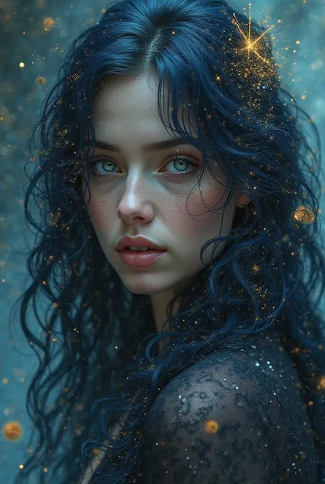 Girl. Midnight blue hair with golden highlights. Siren eyes, midnight blue with hints of golden.