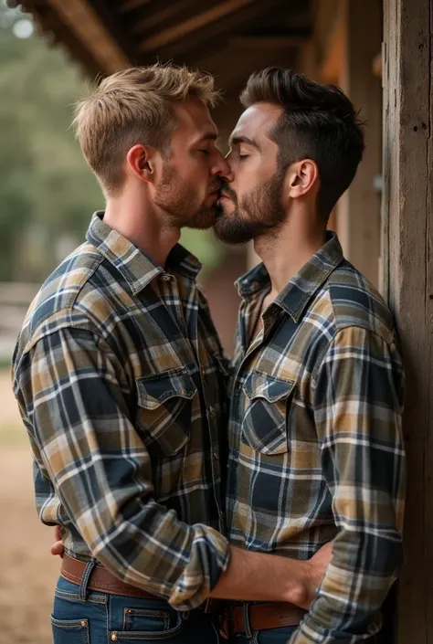 Handsome tall and strong white rider with short blond hair with short beard riding a white tie secretly kissing at the stables of a private club with a handsome tall and strong white man with short dark hair and short beard dressed in a flannel shirt