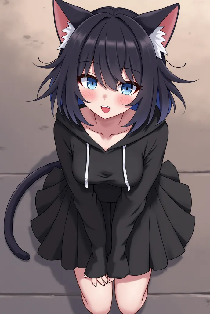 Cat girl with branchy black hair, in a black and white hoodie and dress, blue eyes, medium height, Looking at the viewer,open mouth, with the hair ornament , stick out your tongue,  headphones, top view, Breasts, Tooth,  is sitting, skirt, Black himself,  ...