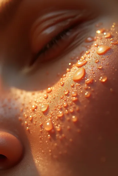 Close-up shot of glistening sweat droplets on skin, studio lighting, shallow depth of field, hyperrealistic texture, emphasizing the play of light on moisture.
