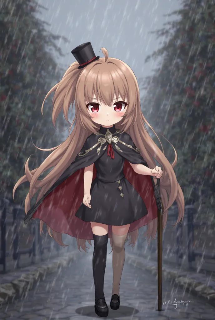 masterpiece, best quality, in the rain, artbook, light, realistic, loli, very long hair, doll, light brown hair, Side ponytail, scowl, white colored eyelashes, stare, expressionless, black eyes, sparkling eyes, red eyeshadow, medium breasts, off_shoulder, ...