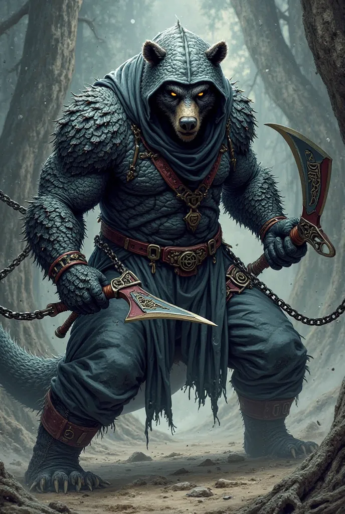 Comic: dragon-grizzly bear hybrid with black/gray ninja mask, gray hooded jumpsuit, black belt, black gloves and black boots. He wields chained-sickles.