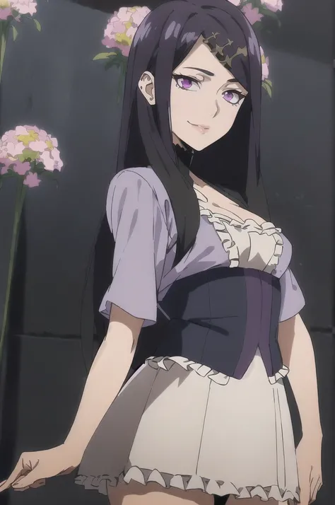 (absurdres, highres, ultra detailed), masterpiece, hinata(boruto), ((solo)), 1girl,medium breasts, long purple victorian style dress, closed mouth, (((long hair))),standing, the bodice and the skirt pattern, frill skirt, lace, blink blink effect, (((detail...