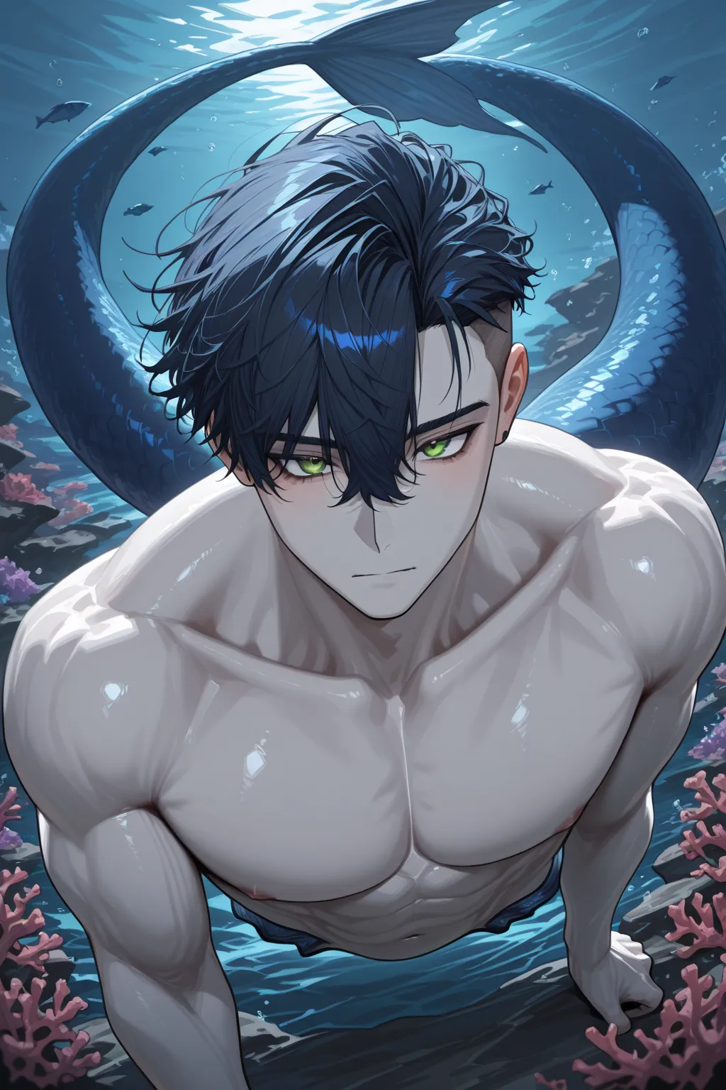 masterpiece, 8k, best quality, highres, ultra detailed, HDR, detailed beautiful face and eyes, front view, 1boy, solo, green Eyes, Black dark blue Hair, messy hair, short hair, undercut, hair between eyes, mature, handsome, sexy man, sensual, pale skin, le...