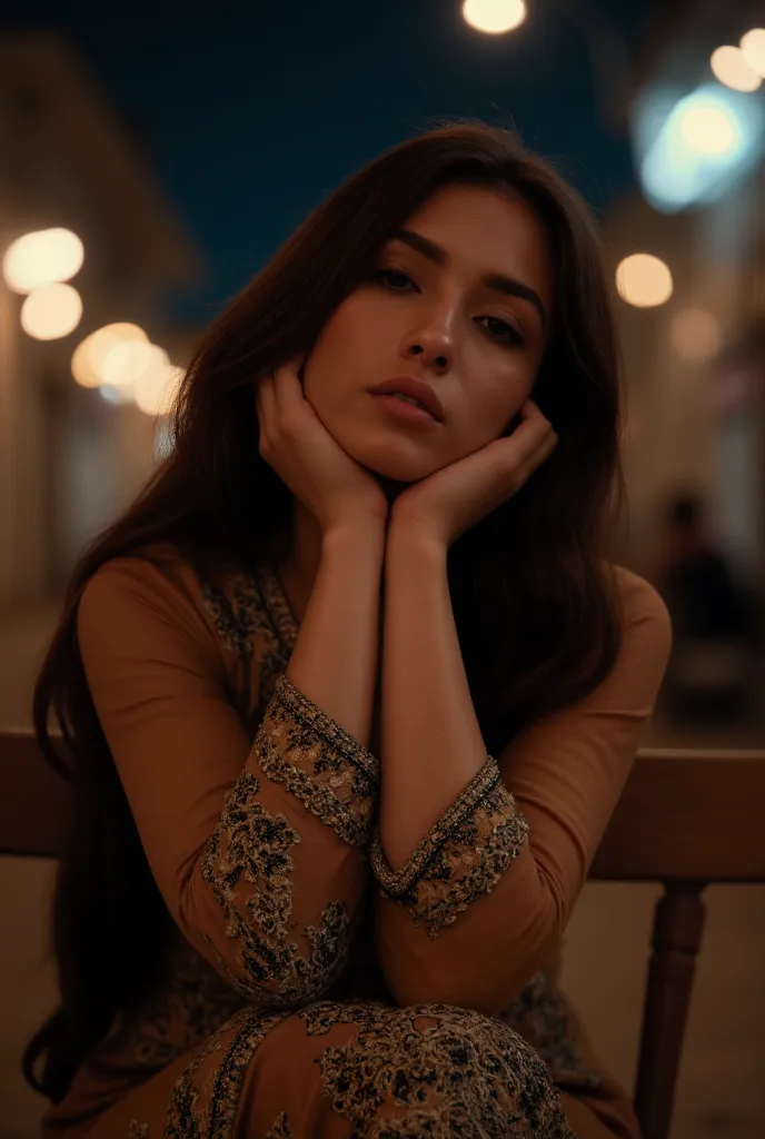 A young woman with long dark hair sits on a chair at night, resting her head on her one hands with a melancholic expression. She wears a traditional outfit in shades of brown and beige with intricate black and white embroidery. The background is softly blu...