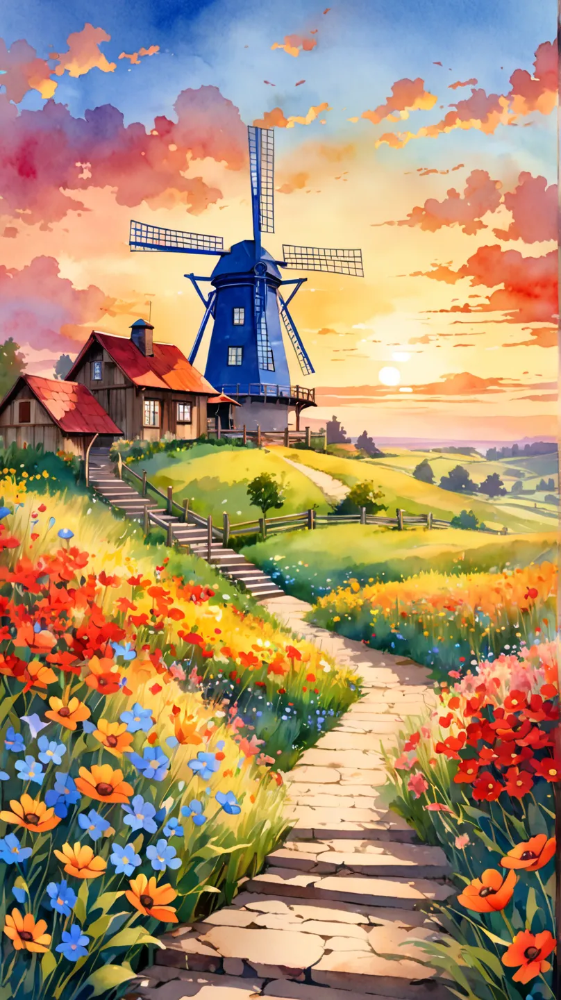 A charming countryside landscape painted in a vibrant watercolor style. A picturesque blue windmill with a red-tiled roof stands on a small hill, surrounded by a lush green meadow. A winding dirt path leads up to the windmill’s wooden door, with delicate w...