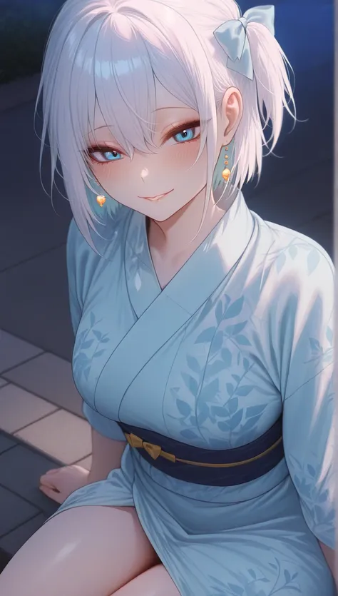 (masterpiece), (portrait), medium breasts (aesthetics), ((1 female 21 years old)), Highlight earrings), ((short hair, bow in her hair)), ((Hot crystal white hair, side mini ponytail)), ((Nagisa Minase)) straight hair, thin eyes open, cold look, blue eyes, ...