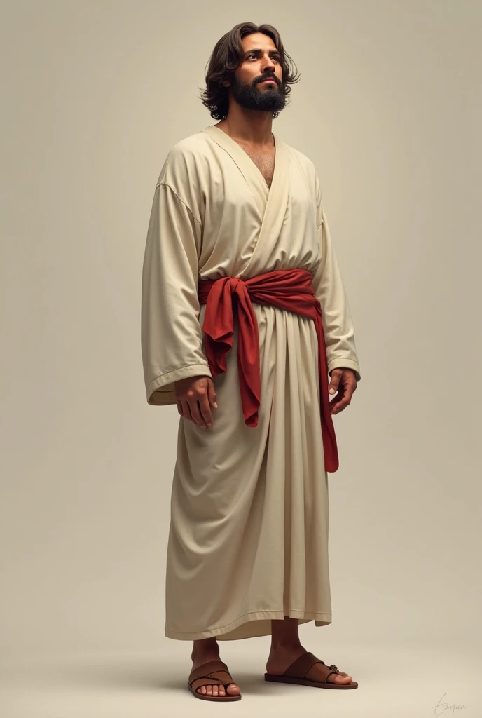 Jesus with brown skin, short brown hair,  with brown eyes, in a white robe and a red belt and brown leather sandals.