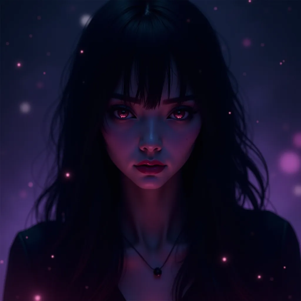 A mysterious, melancholic woman with long dark hair and deep, emotional eyes, gazing into the distance. Soft, cinematic lighting with a moody, purple and pink neon glow. A subtle mystical aura surrounds her, with delicate energy waves or floating symbols f...