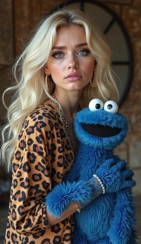 1 young southern woman ,  just 18 years old ,  oversized dark makeup ,   confused facial expression ,   bites the lower lip ,Talahon Make-up, Sweatpants and leopards on top. She stands next to Cookie Monster and they both call "Cookies !"
hair:
 *  blonde ...