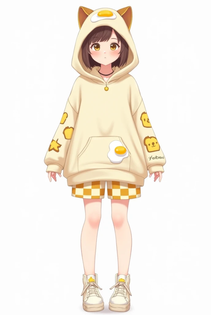 full body, femboy, fully clothed, illustration, pure white background, character design, character sheet, unique, calico cat,A cream-colored oversized hoodie with egg yolk and toast graphics on the sleeves. The hood has tiny fried egg plush ears for a cute...