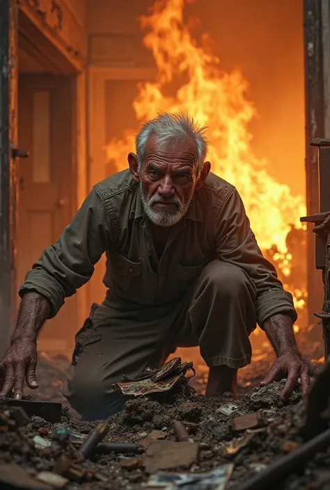 An old old man is collecting things in a burning house he cries