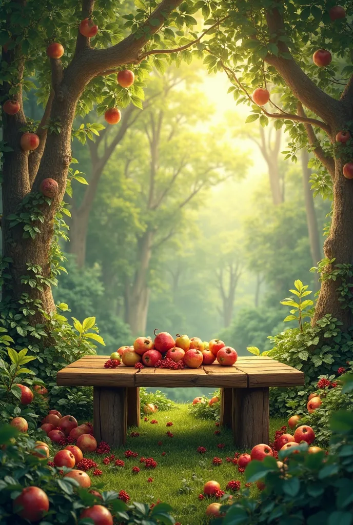 Fruit forest with wooden table