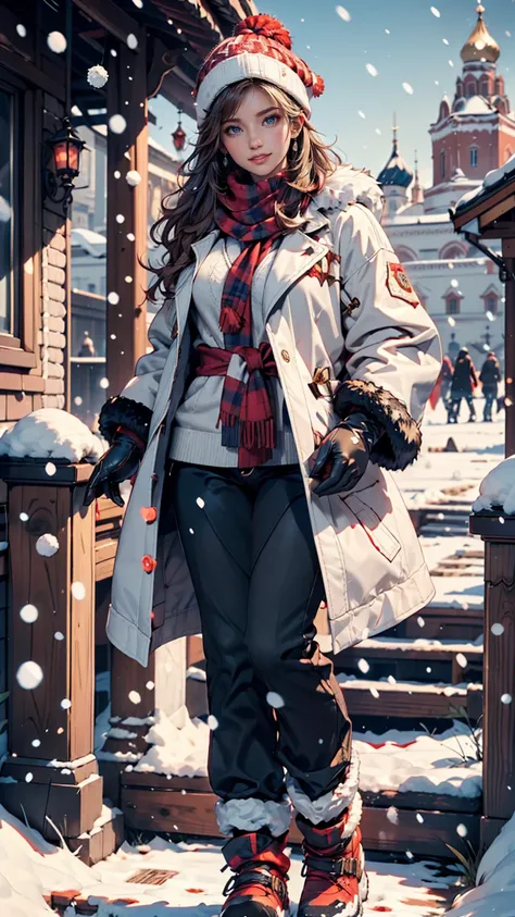 1 girl,  check shirt, fur coats,  Kremlin Palace background, Outdoors, honeycomb,Highest quality, Ultra High Definition, photorealistic, it's snowing、m knit cap（ Watch Cap ）、wrap a colorful scarf around your neck、Mitten gloves、Warm pants、snow shoes、smile、 ...