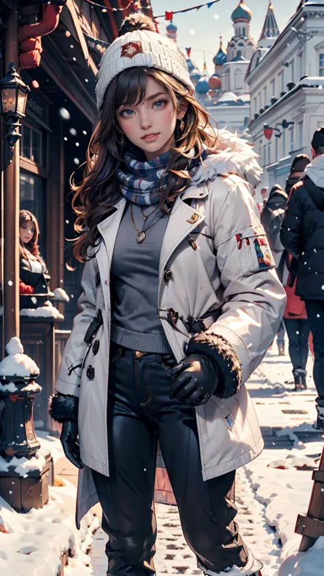 1 girl,  check shirt, fur coats,  Kremlin Palace background, Outdoors, honeycomb,Highest quality, Ultra High Definition, photorealistic, it's snowing、m knit cap（ Watch Cap ）、wrap a colorful scarf around your neck、Mitten gloves、Warm pants、snow shoes、smile、 ...