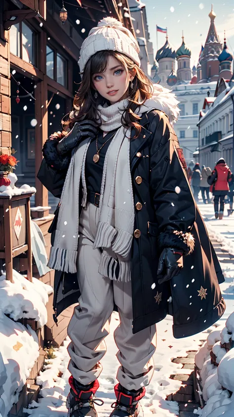 1 girl,  check shirt, fur coats,  Kremlin Palace background, Outdoors, honeycomb,Highest quality, Ultra High Definition, photorealistic, it's snowing、m knit cap（ Watch Cap ）、wrap a colorful scarf around your neck、Mitten gloves、Warm pants、snow shoes、smile、 ...