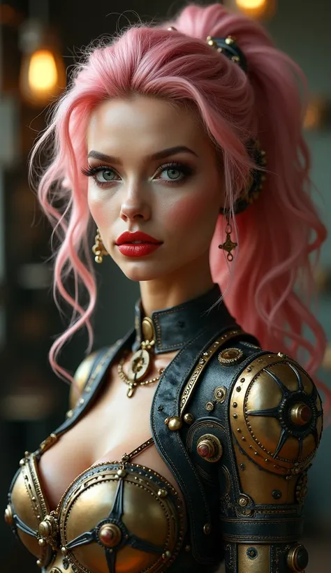 a beautiful glamorous woman, detailed face, pink ponytail, beautiful eyes, long eyelashes, full red lips, intricate mechanical gears and tools embedded in her body, industrial steampunk style, highly detailed, 8k, photorealistic, dramatic lighting, warm co...