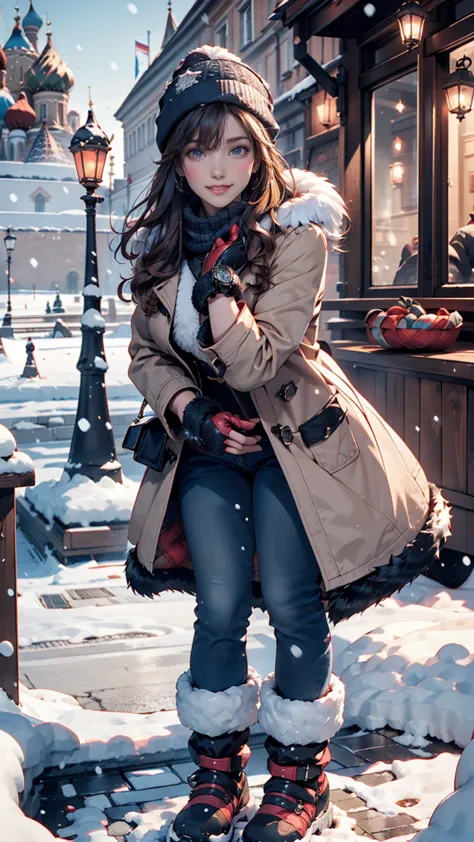 1 girl,  check shirt, fur coats,  Kremlin Palace background, Outdoors, honeycomb,Highest quality, Ultra High Definition, photorealistic, it's snowing、m knit cap（ Watch Cap ）、wrap a colorful scarf around your neck、Mitten gloves、Warm pants、snow shoes、smile、 ...