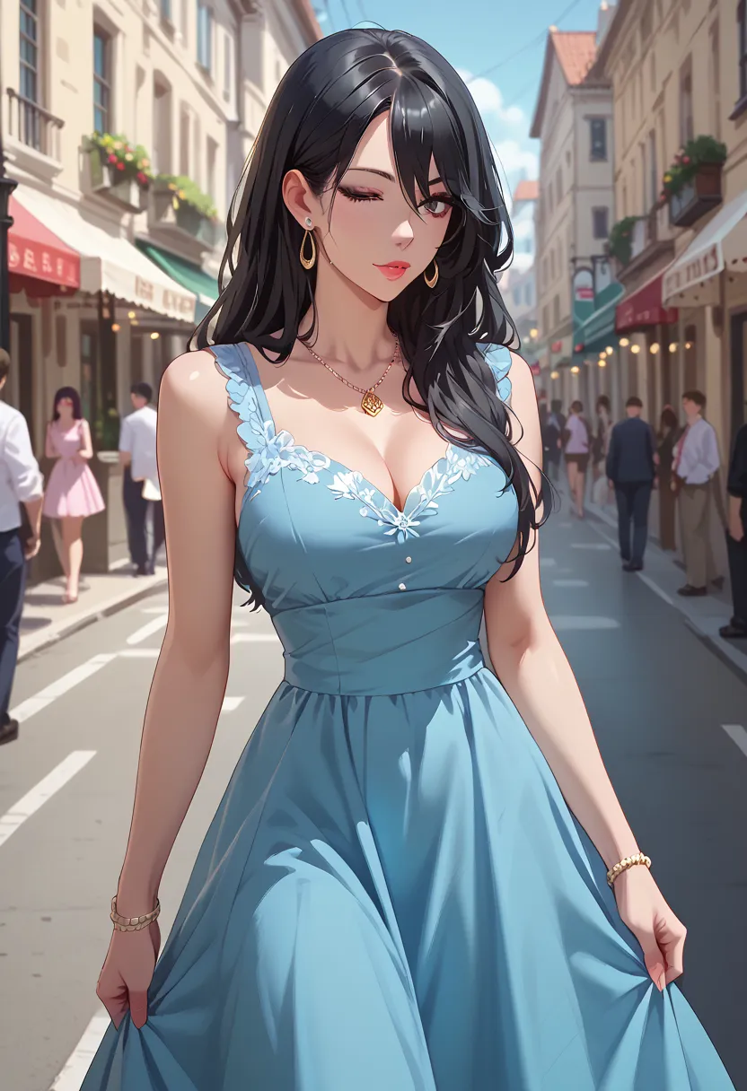 1 female, alone,  long straight hair, black hair, big boobs,  dress