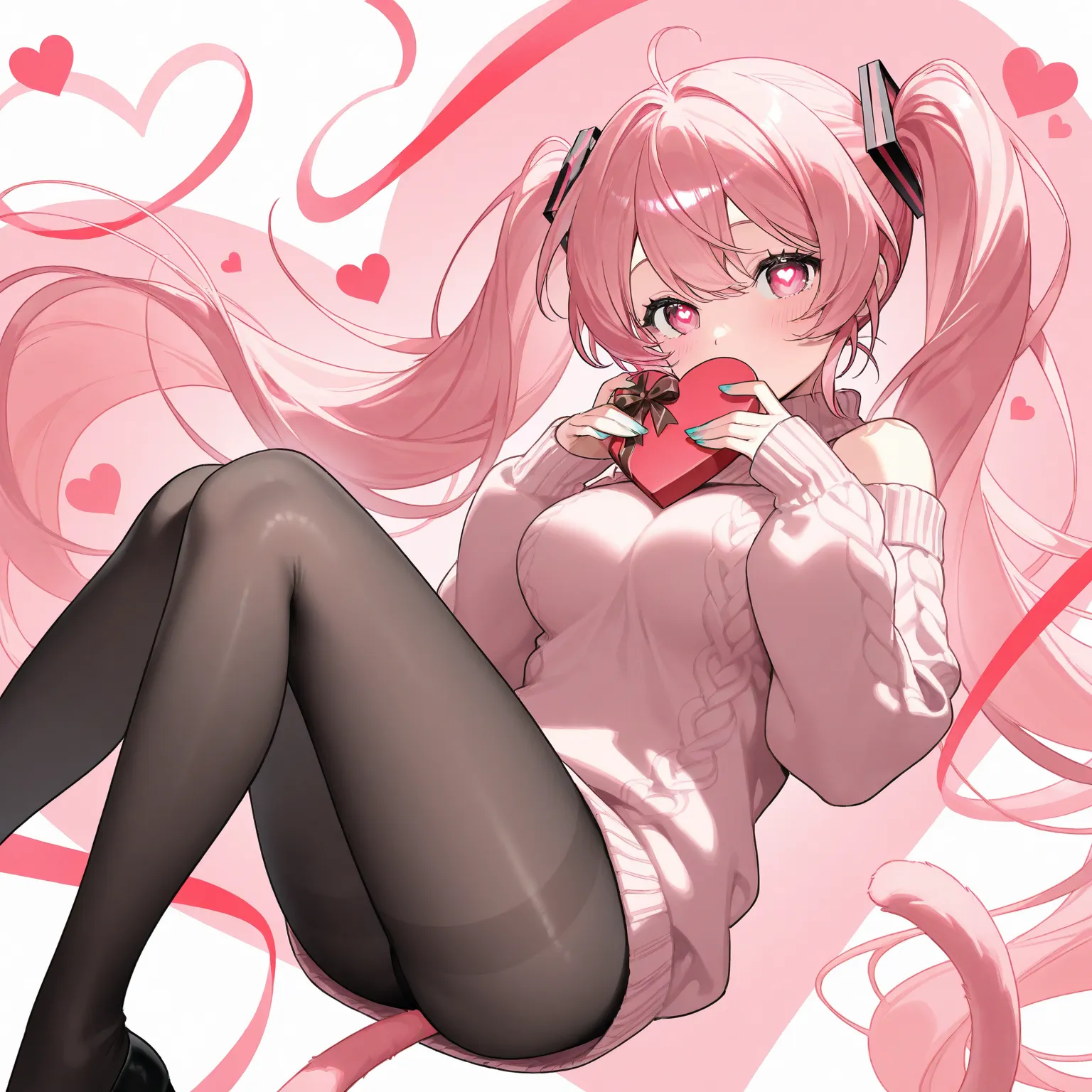 、   best thighs、  beautiful skin、High Resolution、  Sweater clothes 、 pink hair、salmon pink eyes、  black tights、cat tail、Beautiful breasts、E Cup、 Valentine、 Heart Eyes 、 illustrations、Kiss、 Hatsune Miku