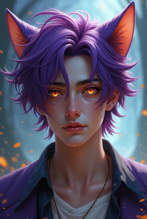 Generate digital art-style images of a boy between 20-26 years old, inspired by the cheesire cat from Alice in Wonderland, long, disheveled purple hair, eyes one orange the other gold 