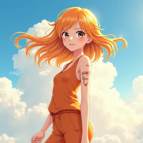 Nami de One Piece,very light orange et yellowish haired girl,beaux yeux bruns,  blushing る,nuages dans le ciel souriant au spectateur, orange pajamas , blushing 、With her flying hair . Elle devrait porter des vêtements de la Grèce antique..With her flying ...