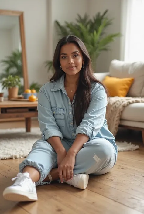 A woman, dark-skinned American, in her late s or early twenties, sits on the light brown wooden floor of a room. She is looking directly at the camera. She has long, straight dark brown hair. His facial expression is neutral and pleasant. She is wearing a ...