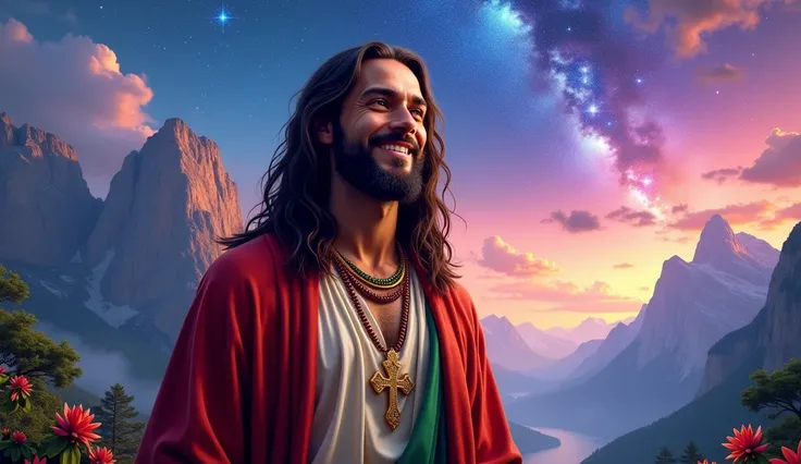 (photorealism:1.2), jesus smile And wearing Rasta cloak And cross necklaces in a colorful mountaint And stary sky vibrant and artwork.