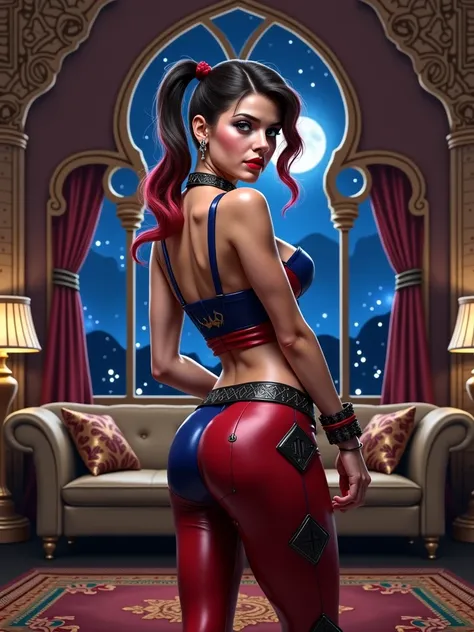 Harley Quinn with the back at the camera looking over her shoulder dressed sexy in an arabic stile castle room wit moon and stars at the window