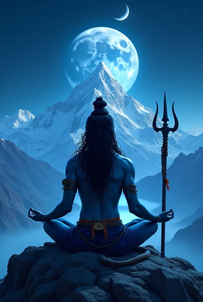 A **serene night scene** of **Lord Shiva** meditating on **Mount Kailash**, surrounded by **snow-capped peaks** and a **starry sky**. The **crescent moon** glows above his head, and the **Ganges River** flows from his matted hair. A **serpent coils** aroun...