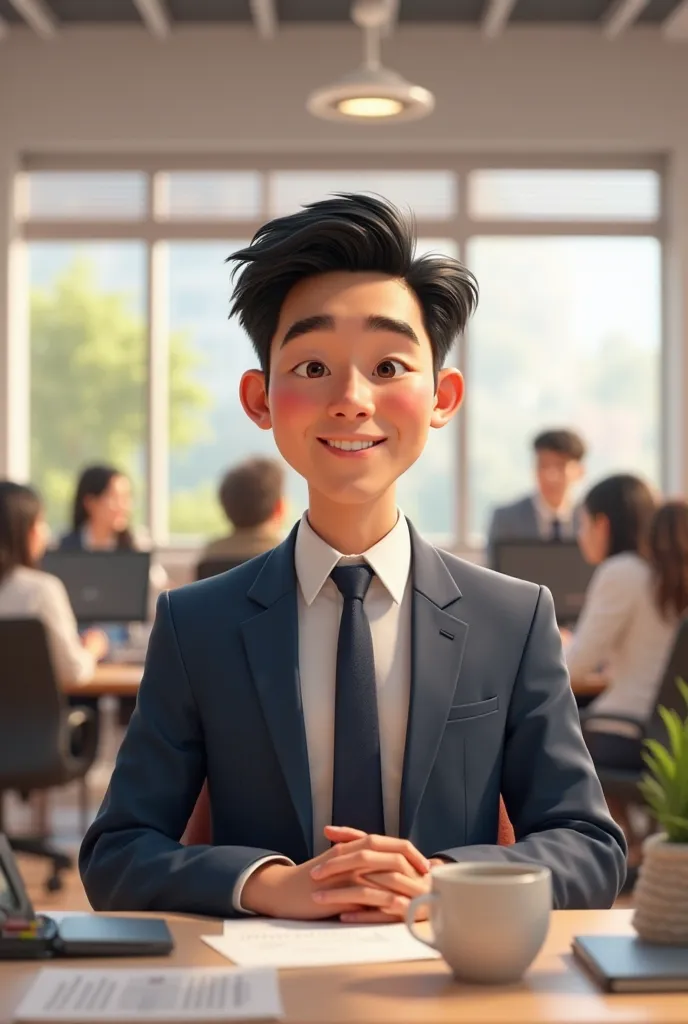 Create a 3D Pixar image of an ASIAN MAN WORKING IN HR, happy