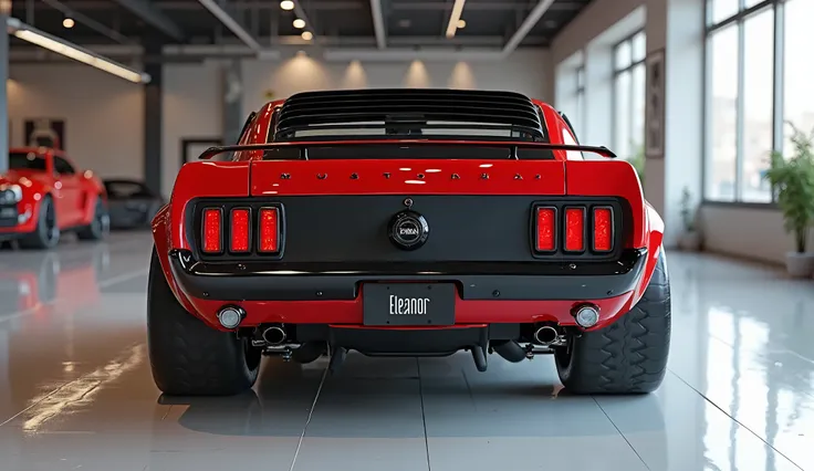 create an ultra-detailed 3D render of a modern, close-up back view of modern 1970 Ford mustang Eleanor  With a bold design. The car should feature a "Gleamy glossy painted Red" color with a prominent Ford mustang logo on its prominent back, and headlights....