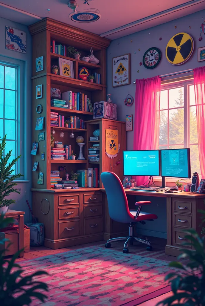 Live streaming background, A young room, decorated, With a gamer footprint, bookcase decorated with a symbol of radioactivity, without chair, Just the bottom shelf, large room