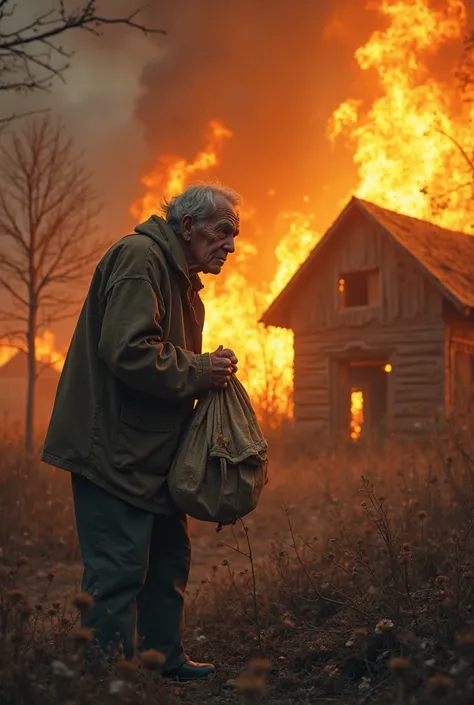 The old man was crying in front of the burning house, but next to him was the stuff he had collected.