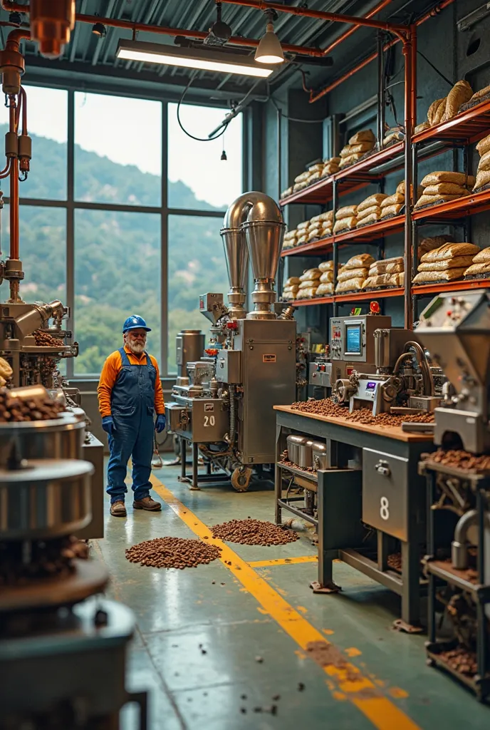 Una planta de producción de café miniaturizada y altamente eficiente dentro de a habitación industrial de 8x8 metros. La escena muestra a línea de producción integrada que combina maquinaria moderna y compacta.  on the left, a **crusher/huller** metallic (...