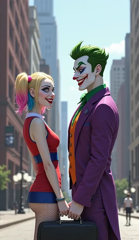 Two adult characters are on a city street. The female character on the left has pale skin, two pigtails are blue and pink, and wears red and blue clothes with fishnet stockings like the famous Harley quinn. The character on the right has skin in white pain...