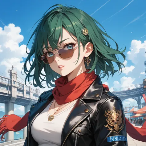  One Man, dark green hair,  bangs between your eyes, oblique bangs,  dark green eyes ,  sunglasses, red scarf,  leather jacket, Muscular, spiny metal accessory.
one girl, hair with colors close to black,  Light Blue Eyes, shortcuts,  leather jacket, white ...