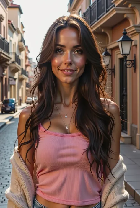 "A realistic digital portrait of a young woman with long, wavy, and lush hair in a mix of dark brown and black tones. Her hair flows naturally with soft volume. She has a warm tan complexion with a sun-kissed glow. Her eyes are normal brown, reflecting a c...