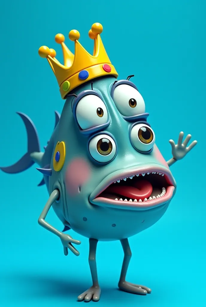 An image of a tuna inspired by the Spongebob characters, with a king's crown on his head. Expression lost in the void, Stupid. half bust , solid blue background ( cartoon style )