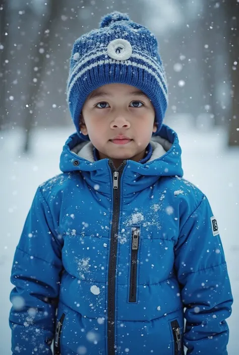 a real boy age 15 Malaysia Indonesia .  dress  (Blue and White ) zip-up shirt, (Blue and White ) cap with small (Những bông snow  )  logo , detailed face, cinema light, dramatic atmosphere, vibrant colors, 8k, high quality,  Image. hero suit. (Ice )comes f...