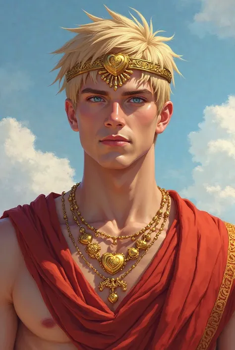 Realistic digital illustration of a man in his twenties, very handsome and muscular, with short blond hair and blue eyes. dressed in Indian-style clothing in red tones and with golden Indian-style jewelry with hearts. A golden crown on his head. with the s...