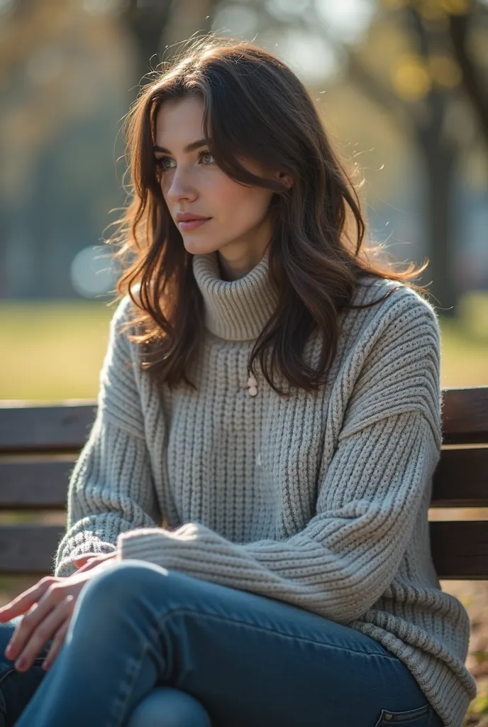 A 28-year-old woman with a thoughtful expression, sitting on a park bench, She has shoulder-length brown hair, wearing casual yet stylish clothes (e.g., a cozy sweater and jeans), Her posture should convey introspection, perhaps with her hands resting on h...