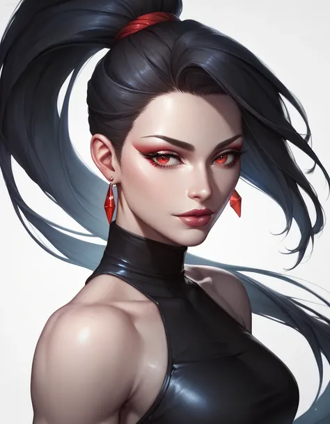 female black sleeveless turtleneck, bare shoulders, racerback, bare toned arms, beautiful faces, black ponytail with showing forehead, long sleek ponytail, earrings, soft smooth skin, pale skin, white background, red eyes, sci-fi, high contrast, glossy lip...