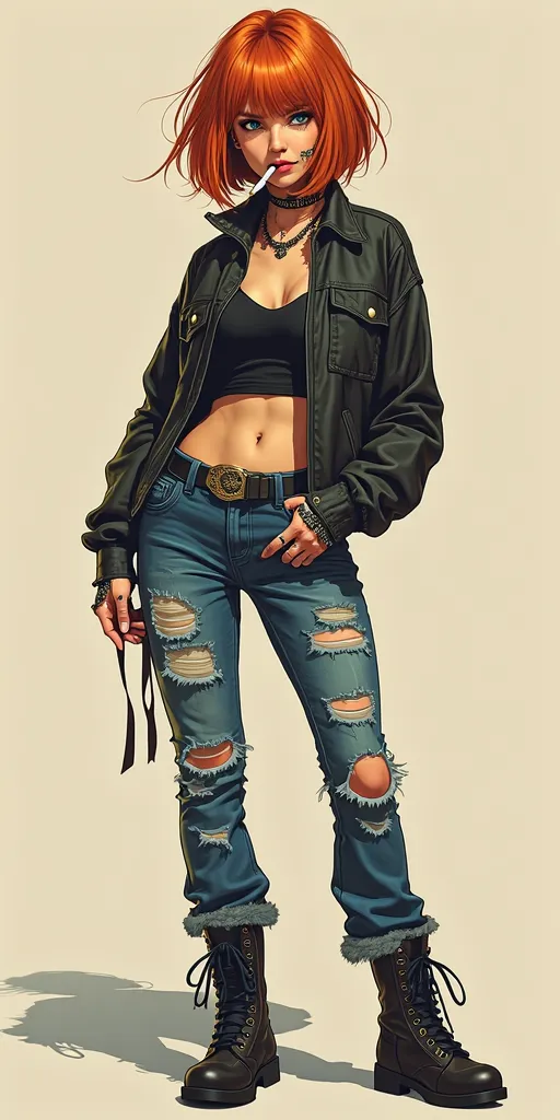 masculine looking woman, Full body,  with French bob haircut, color copper, ojos color copper, piercing sake bite in the lower lip of the mouth, Septum nose piercing, men's rockera clothing, tom boy, Cirgarrillo, ripped jeans, military boots,  digital draw...