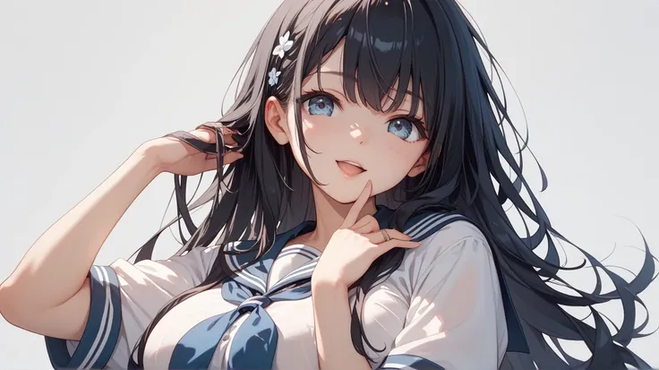 1 girl、cute、younger sister、 black hair long hair、simple background、Big Breasts、sailor suit、study